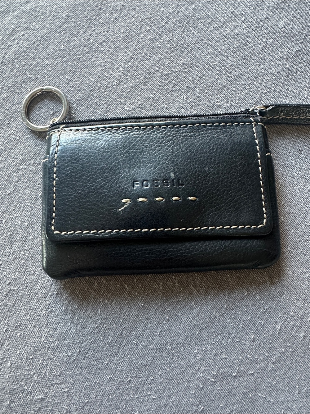 Vintage Fossil Black Leather Zip Card Case with Key Ring